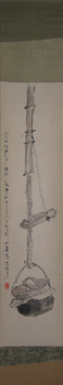 japanese hanging scroll, painting of kettle on a bamboo hook